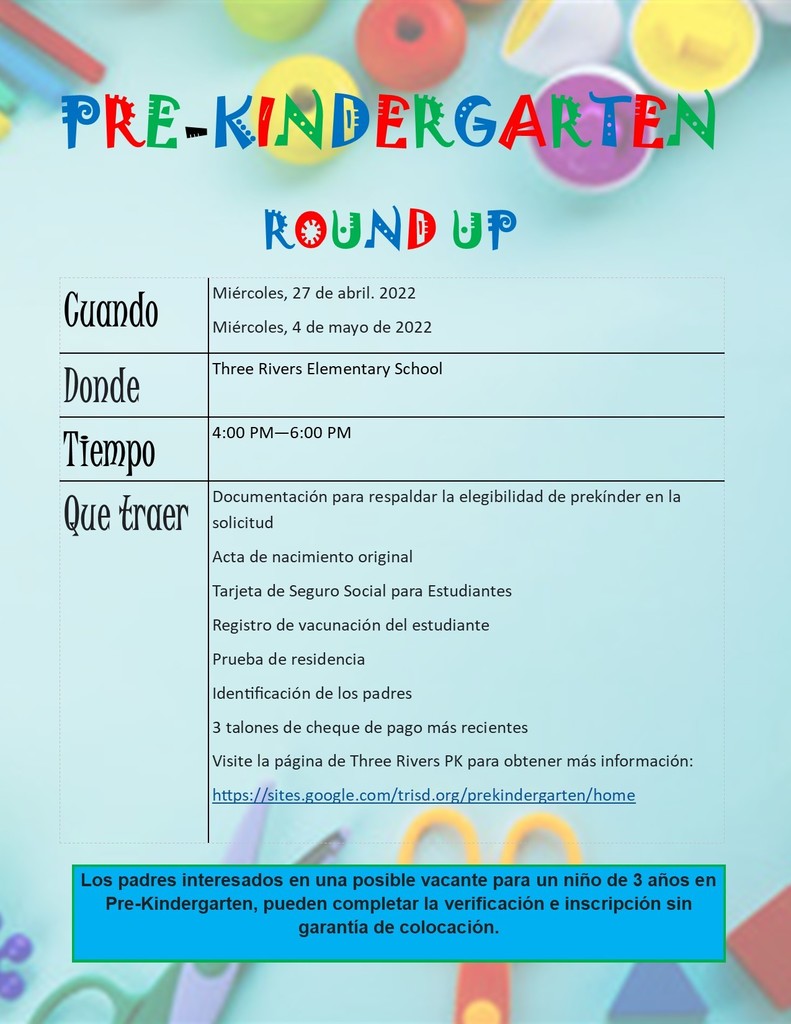 TRES Pre-K and Kinder Round-Up in Spanish!!!